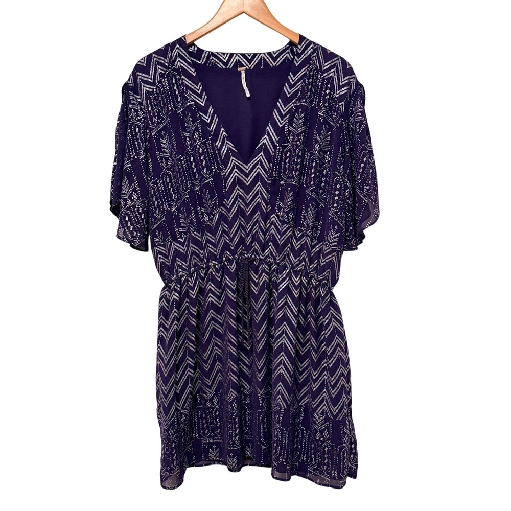 Free People Dress Sz Med Geometric Chevron V-Neck Mini Flutter Sleeve